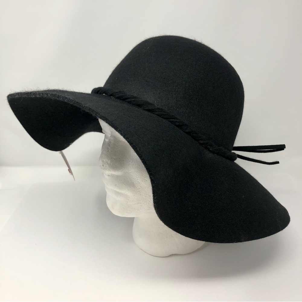 Merona Black Felted Wool Wide Brim Floppy Hat Braided Band One Size NEW